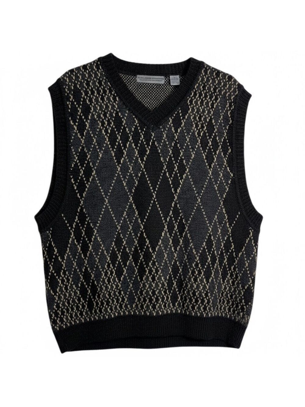 Wool Sweater Vest Mens XL Black Gray Argyle Vintage 90’s Structure Le Collezioni